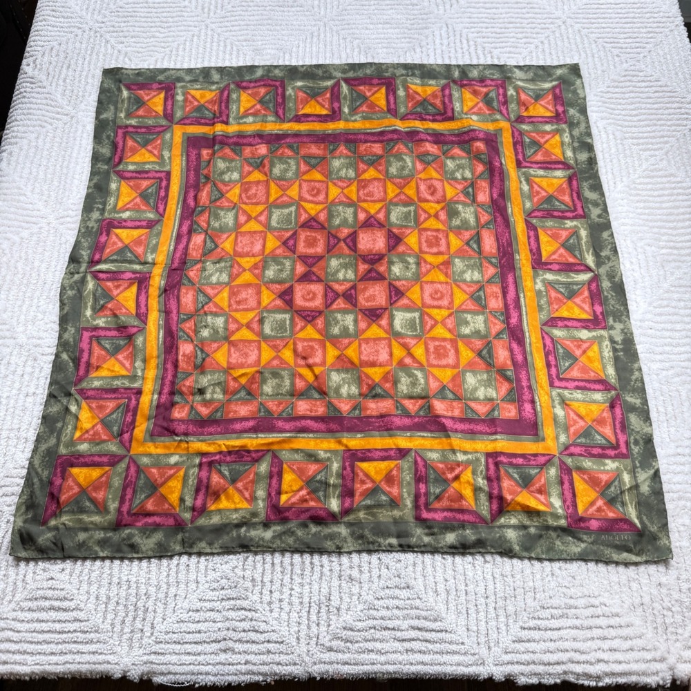 Adolfo Scarf Green Orange Geometric Tile Print Vintage Square Boho Art Deco Mod